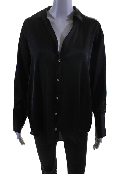 Zara Womens Button Front Long Sleeve Collared Satin Shirt Black Size Medium