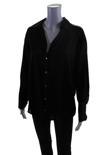 Zara Womens Button Front Long Sleeve Collared Satin Shirt Black Size Medium