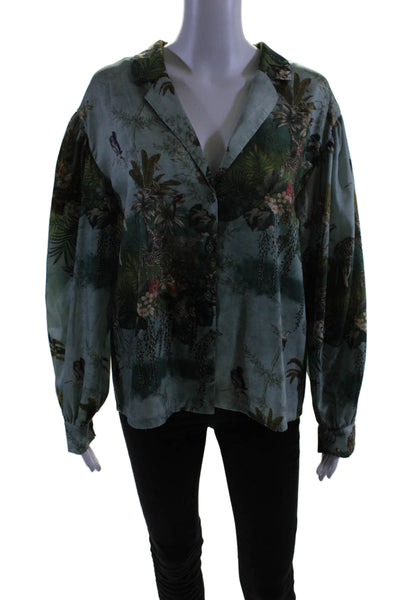 Zara Womens Button Front Collared Jungle Printed Shirt Blue Multi Size Medium
