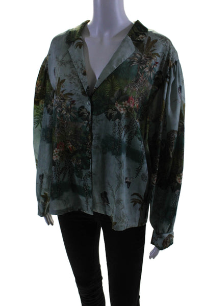 Zara Womens Button Front Collared Jungle Printed Shirt Blue Multi Size Medium