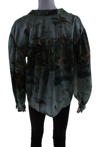 Zara Womens Button Front Collared Jungle Printed Shirt Blue Multi Size Medium