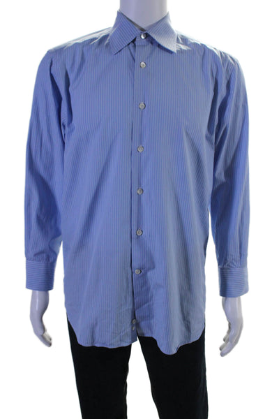 Canali Mens Striped Collared Long Sleeve Button Up Shirt Blue Size 41/16