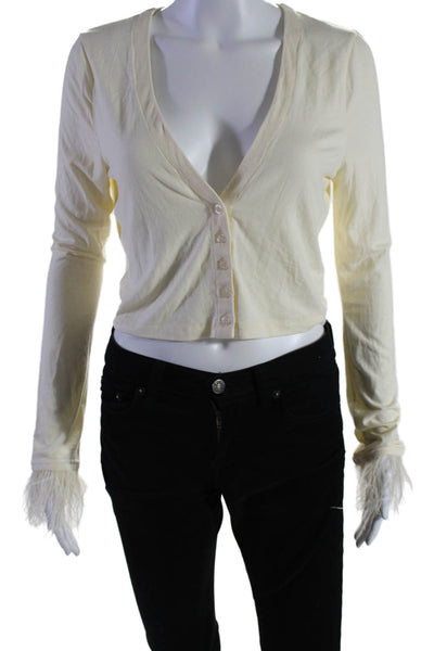 We Wore What Womens Feather Trim Long Sleeves Button Down Blouse White Size Medi