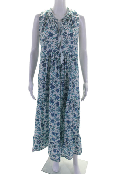 Silentio Womens Textured Sleeveless V-neck Long Floral Print Maxi Dress Blue Siz