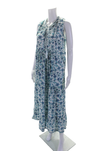 Silentio Womens Textured Sleeveless V-neck Long Floral Print Maxi Dress Blue Siz