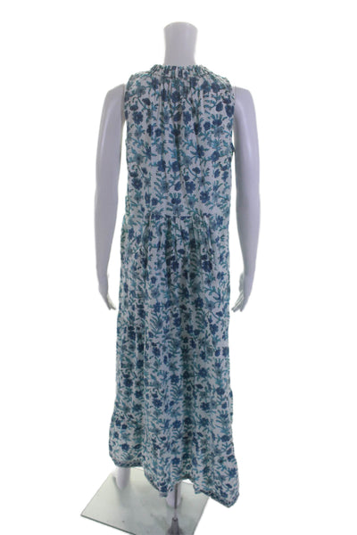 Silentio Womens Textured Sleeveless V-neck Long Floral Print Maxi Dress Blue Siz