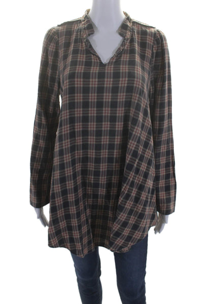 Acote Womens Cotton Long Sleeve Collared Plaid Printed Blouse Brown Size 3