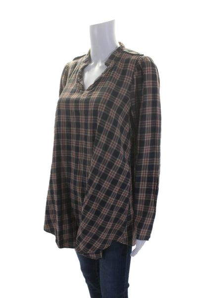 Acote Womens Cotton Long Sleeve Collared Plaid Printed Blouse Brown Size 3