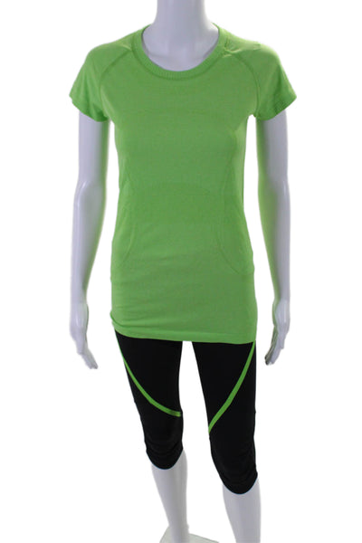 Lululemon Womens 2 Piece Cropped Leggings T Shirt Set Green Black Size 6