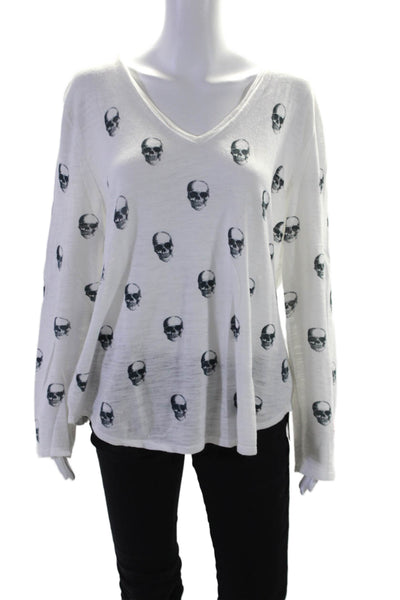 Skull Cashmere Women's Long Sleeves Skull Print Pullover Sweater White Size L