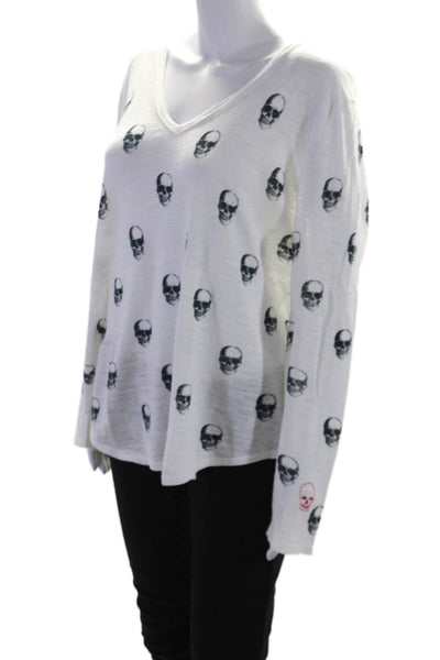 Skull Cashmere Women's Long Sleeves Skull Print Pullover Sweater White Size L