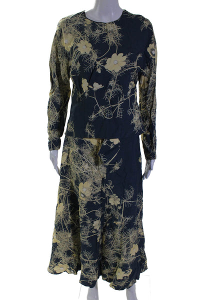 Dries Van Noten Womens Floral Long Sleeve Blouse Top + Skirt Set Blue Size 36 40