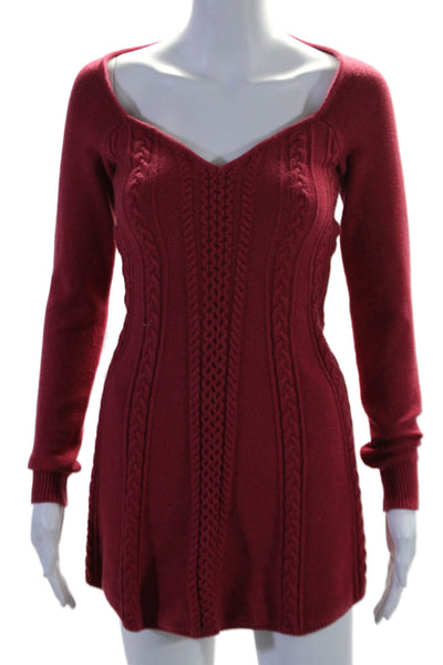 Free People Womens Knit V-Neck Open Back Long Sleeve Mini Dress Red Size S