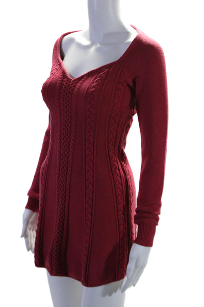 Free People Womens Knit V-Neck Open Back Long Sleeve Mini Dress Red Size S