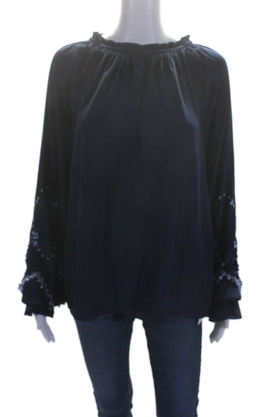 Ramy Brook Women's Round Neck Long Sleeves Embellish Blouse Navy Blue Size L