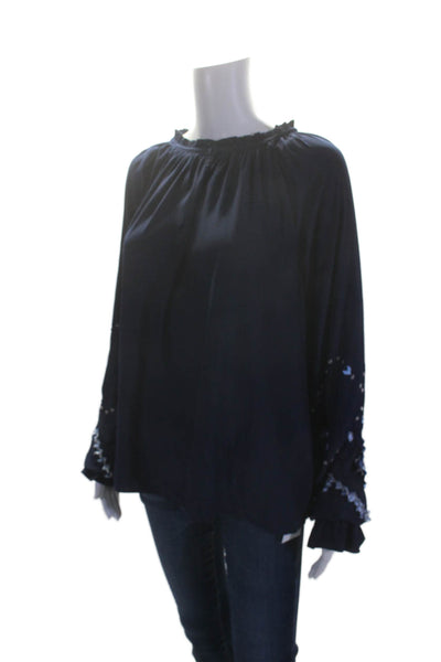 Ramy Brook Women's Round Neck Long Sleeves Embellish Blouse Navy Blue Size L