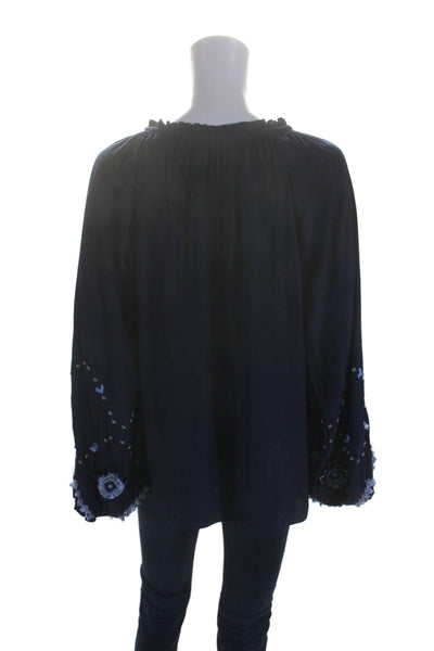 Ramy Brook Women's Round Neck Long Sleeves Embellish Blouse Navy Blue Size L