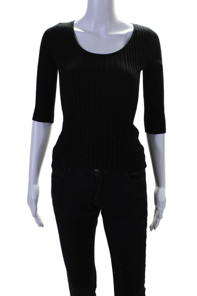 Demylee Womens 3/4 Sleeve Scoop Neck Ribbed Shirt Black Cotton Size Extra Small