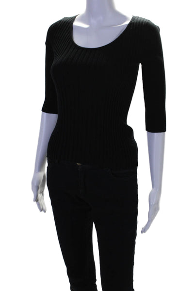 Demylee Womens 3/4 Sleeve Scoop Neck Ribbed Shirt Black Cotton Size Extra Small