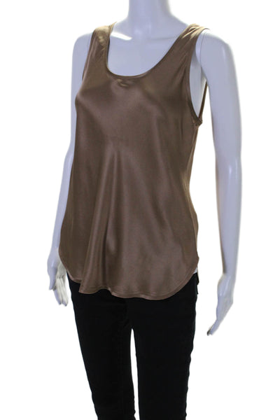 Vince Women's Scoop Neck Sleeveless Silk Curve Hem Tank Top Brown Size S