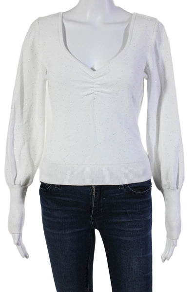 525 Women's V-Neck Long Sleeves Cinch Glitter Pullover Sweater White Size S