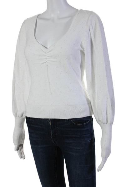 525 Women's V-Neck Long Sleeves Cinch Glitter Pullover Sweater White Size S