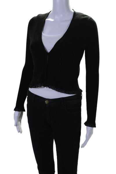 For Love And Lemons Womens Button Up V Neck Ribbed Cardigan Sweater Black Small