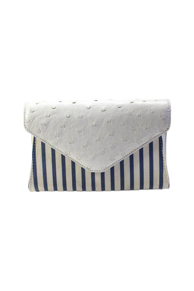 BC Luxury Womens Ostrich Skin Flap Striped Clutch Handbag White Blue Canvas