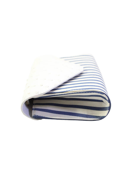 BC Luxury Womens Ostrich Skin Flap Striped Clutch Handbag White Blue Canvas