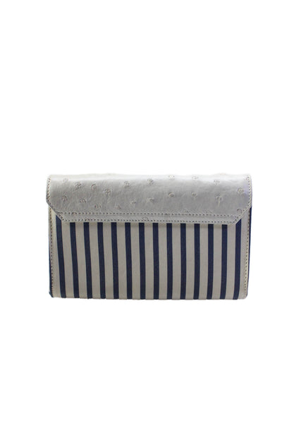 BC Luxury Womens Ostrich Skin Flap Striped Clutch Handbag White Blue Canvas