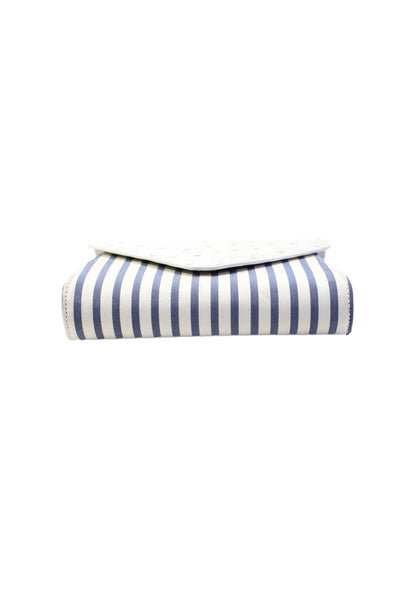 BC Luxury Womens Ostrich Skin Flap Striped Clutch Handbag White Blue Canvas