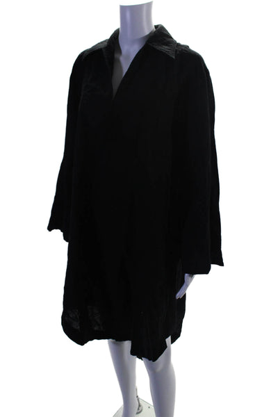 Fil De Vie Womens Linen Collared Long Sleeved V Neck Casual Dress Black Size M