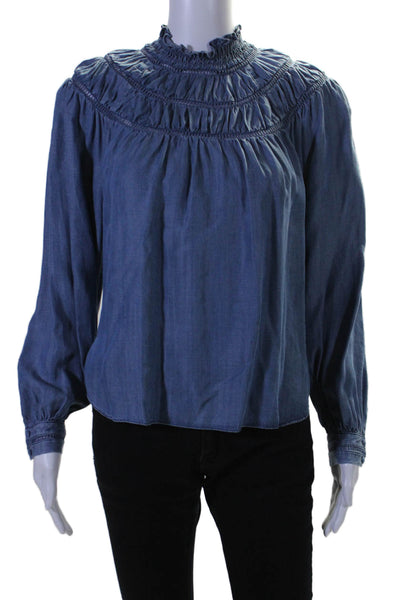 Rebecca Minkoff Womens Jordana Medium Wash Ruched Mock Neck Blouse Blue Size XS