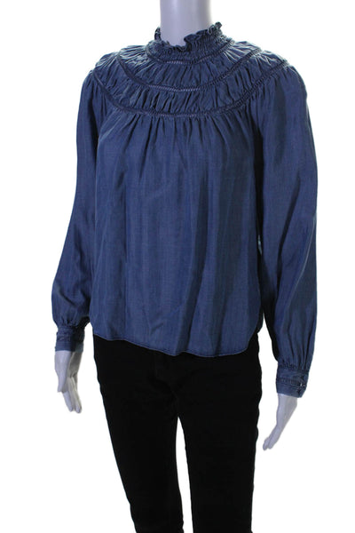 Rebecca Minkoff Womens Jordana Medium Wash Ruched Mock Neck Blouse Blue Size XS