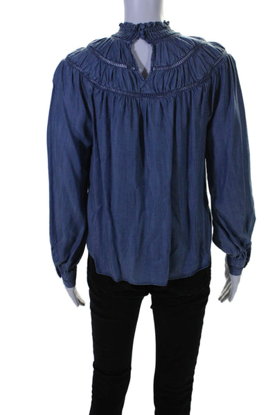 Rebecca Minkoff Womens Jordana Medium Wash Ruched Mock Neck Blouse Blue Size XS