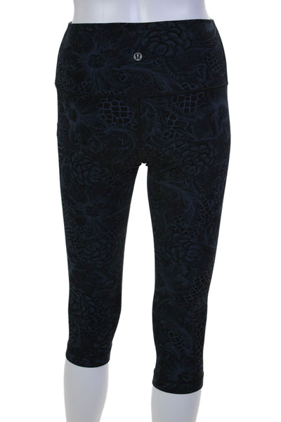 Lululemon Womens Floral Print Pull On Cropped Leggings Navy Blue Black Size 4