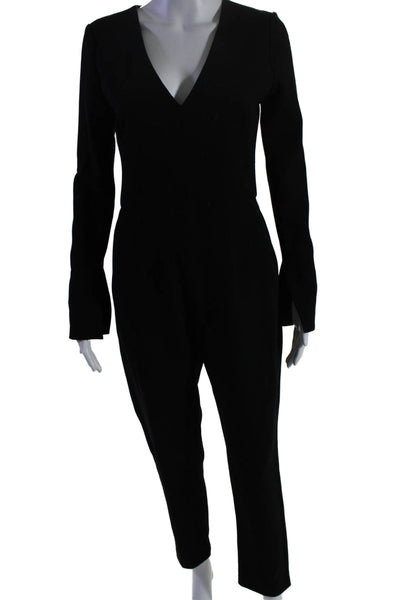 Black Halo Womens Long Sleeve V Neck Straight Leg Jumpsuit Black Size 4