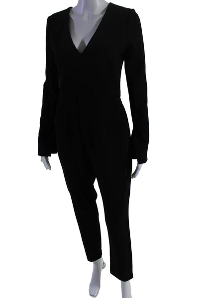 Black Halo Womens Long Sleeve V Neck Straight Leg Jumpsuit Black Size 4