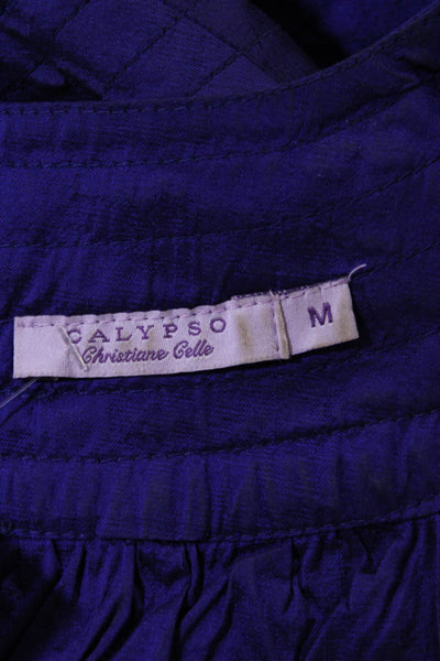 Calypso Womens Silk Textured Stitch Detailed Short Sleeved Dress Purple Size M