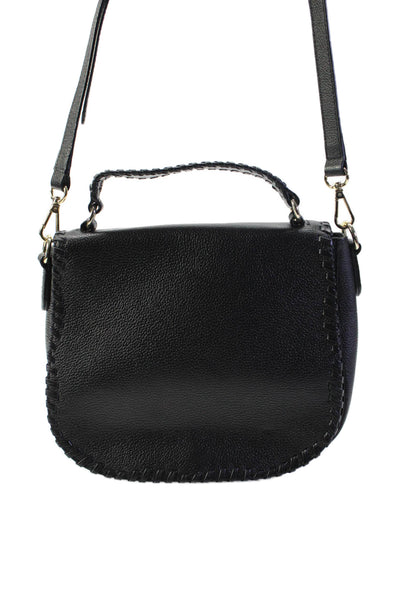 Barneys New York Womens Leather Flap Buttoned Woven Trim Shoulder Handbag Black