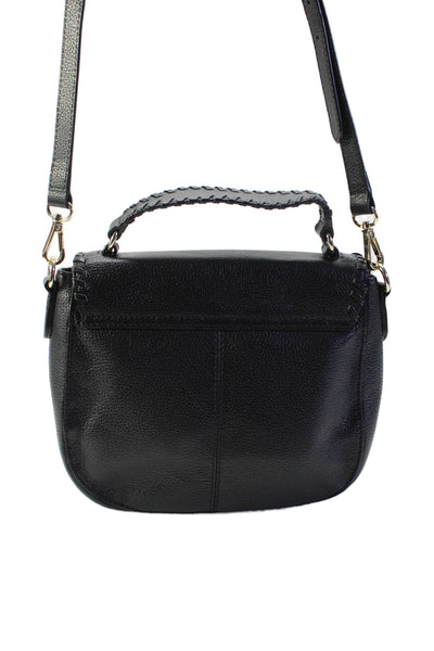 Barneys New York Womens Leather Flap Buttoned Woven Trim Shoulder Handbag Black