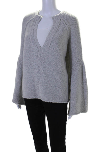 Free People Womens Textured Knit V-Neck Long Sleeve Pullover Sweater Gray Size M