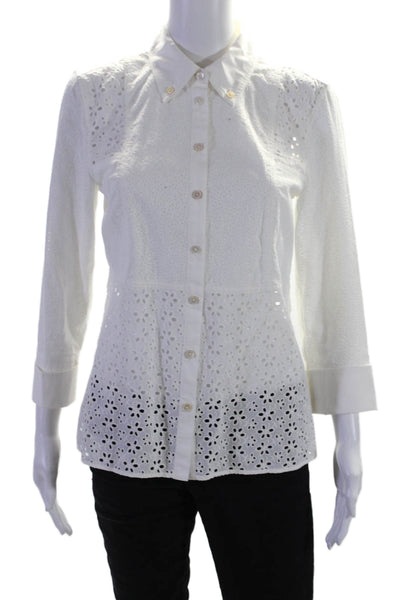 Tory Burch Womens Cotton Collar Long Sleeve Button Up Lace Blouse White Size M