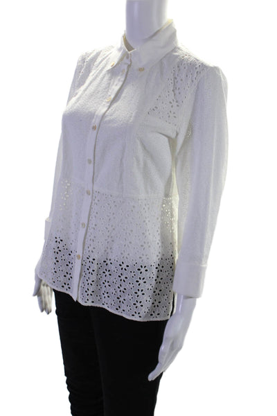 Tory Burch Womens Cotton Collar Long Sleeve Button Up Lace Blouse White Size M