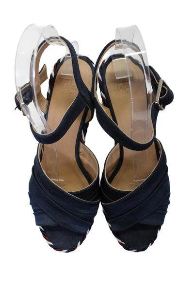 Castaner Womens Platform Peep Toe Striped Trim Sandals Blue Size 8