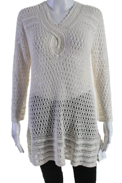 Calypso Saint Barth Womens V-Neck Long Sleeves Crochet Tunic Blouse Cream Size M