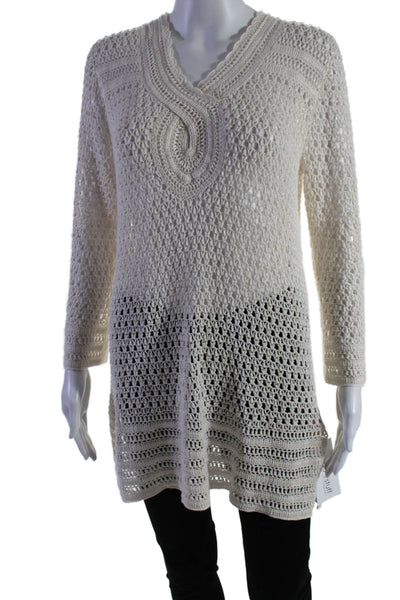 Calypso Saint Barth Womens V-Neck Long Sleeves Crochet Tunic Blouse Cream Size M