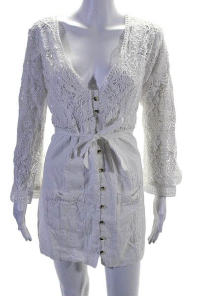 Free People Womens Cotton Floral Lace Textured Button V Neck Dress White Size M