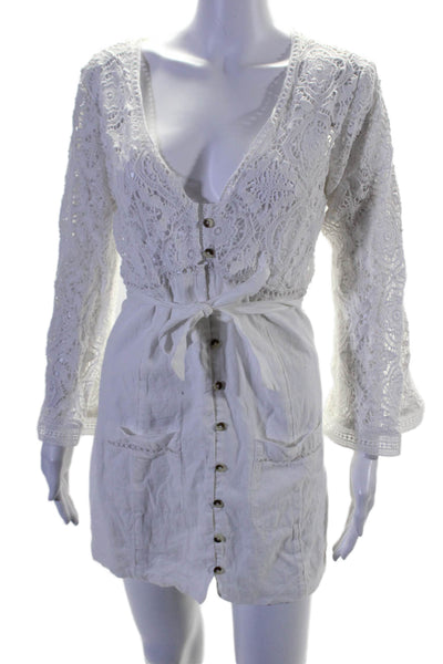 Free People Womens Cotton Floral Lace Textured Button V Neck Dress White Size M
