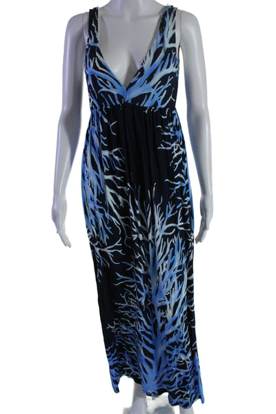 Atlantique Womens Printed V Neck Sleeveless A Line Maxi Dress Navy Blue Size 2